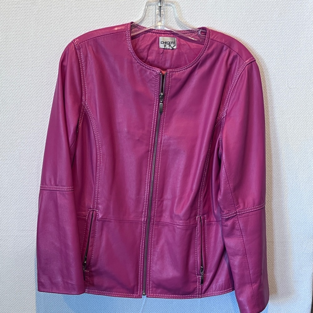 Chicos Magenta Pink Leather Jacket Zip Front Collarless White Stitching Womens